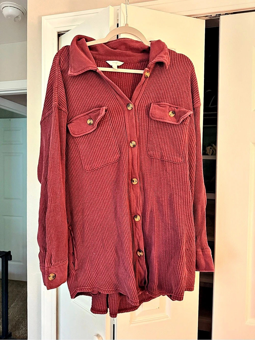 Terra & Sky waffle button up in cranberry Size 1X
